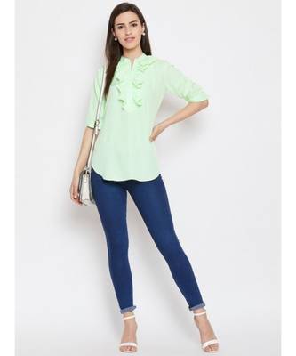 neon green crepe tunic with ruffles at neck 2