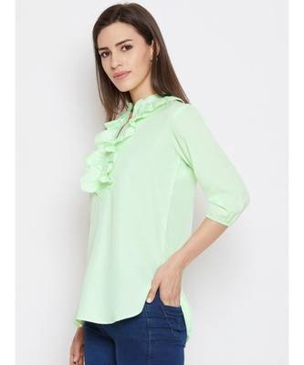 neon green crepe tunic with ruffles at neck 3