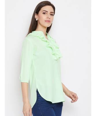 neon green crepe tunic with ruffles at neck 4