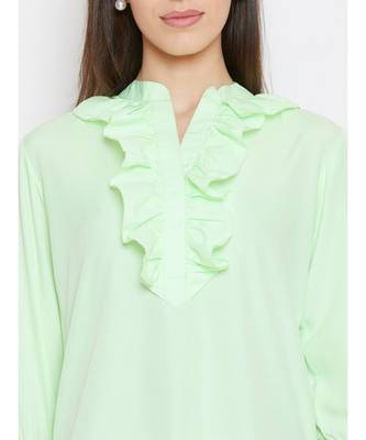 neon green crepe tunic with ruffles at neck 6
