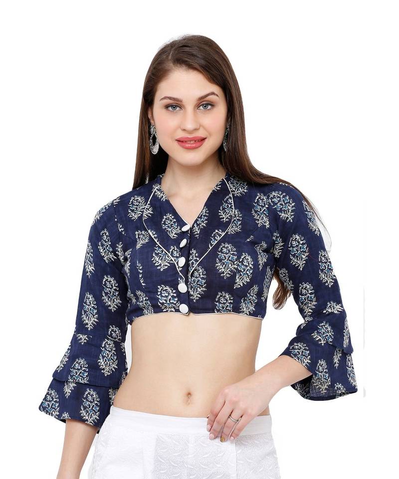 Women's Navy Blue Bell Sleeve Fancy Readymade Saree Blouse