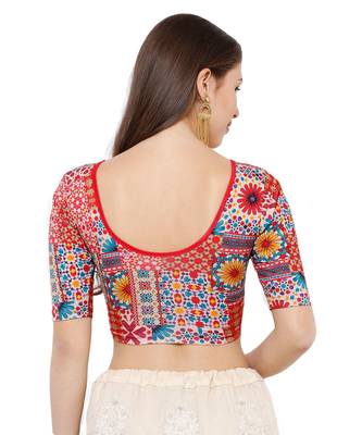 Women's Red Multi Stretchable Kalmkari Casual Readymade Saree Blouse 2