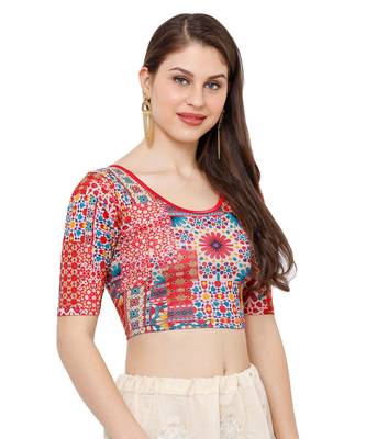 Women's Red Multi Stretchable Kalmkari Casual Readymade Saree Blouse 3