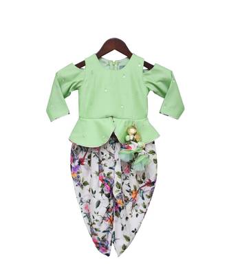 Green Mirror work Peplum with Printed Dhoti 1