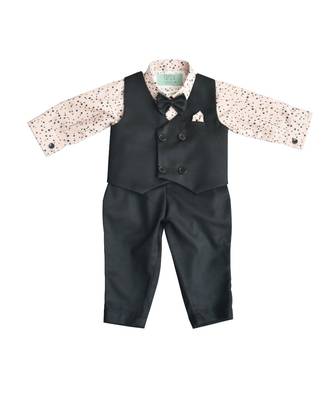 Black Waist Coat with Peach Printed Shirt and Black Pant 1