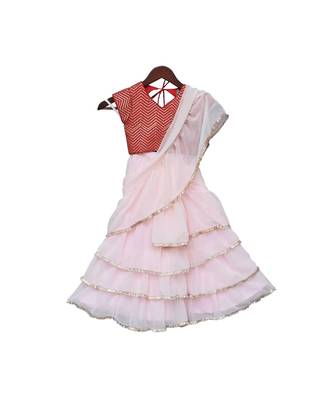 Red Embroidery Choli with Pastel Pink Saree 1