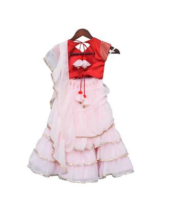 Red Embroidery Choli with Pastel Pink Saree 2