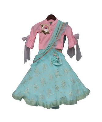 Pink Top with Blue Printed Lehenga Saree 1