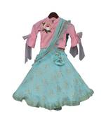 Pink Top with Blue Printed Lehenga Saree