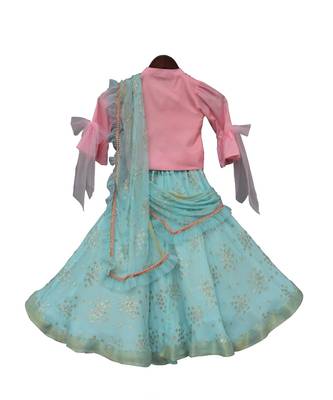 Pink Top with Blue Printed Lehenga Saree 2