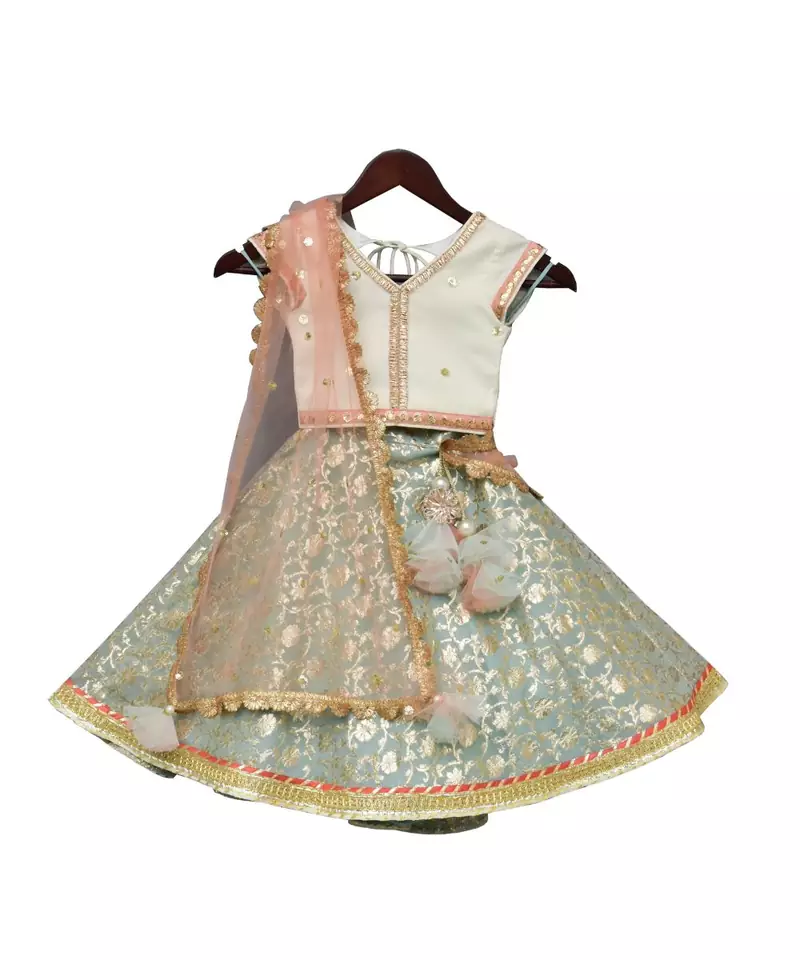 Offwhite Sequence Choli with Light Blue Brocade Lehenga
