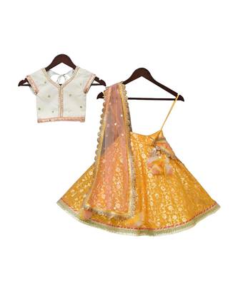 Off White And Yellow Sequins Lehenga Set For Girls 1
