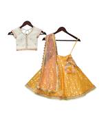 Off White And Yellow Sequins Lehenga Set For Girls