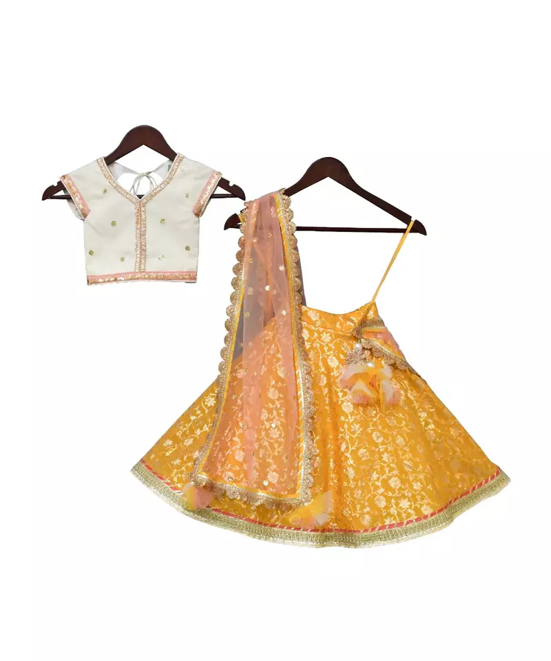 Offwhite Sequence Choli with Yellow Brocade Lehenga