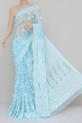 Blue, Allover Heavy Palla Hand Embroidered Lucknowi Chikankari Saree 1