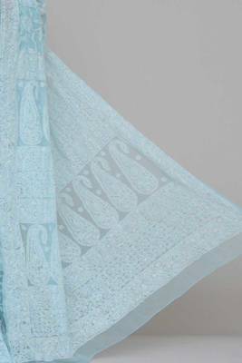 Blue, Allover Heavy Palla Hand Embroidered Lucknowi Chikankari Saree 2