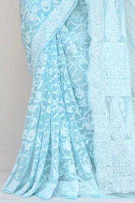 Blue, Allover Heavy Palla Hand Embroidered Lucknowi Chikankari Saree 3