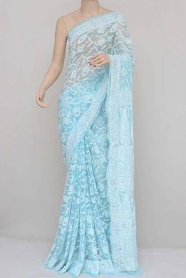 Blue, Allover Heavy Palla Hand Embroidered Lucknowi Chikankari Saree 4