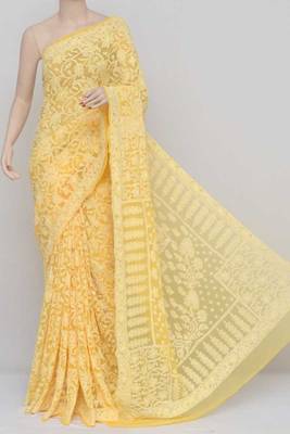 Yellow Allover Jaal Heavy Palla Hand Embroidered Lucknowi Chikankari Saree 1