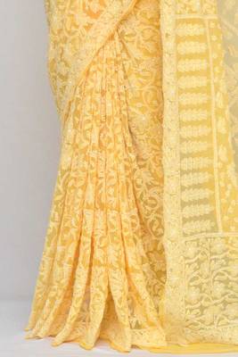 Yellow Allover Jaal Heavy Palla Hand Embroidered Lucknowi Chikankari Saree 3