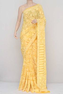 Yellow Allover Jaal Heavy Palla Hand Embroidered Lucknowi Chikankari Saree 4