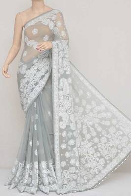 Grey Color Hand Embroidered Lucknowi Designer Chikankari Saree 1