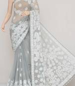 Grey Color Hand Embroidered Lucknowi Designer Chikankari Saree
