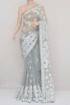 Grey Color Hand Embroidered Lucknowi Designer Chikankari Saree 3