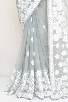 Grey Color Hand Embroidered Lucknowi Designer Chikankari Saree 4