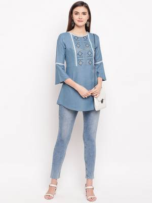 Blue Embroidery With Print  A-line Short kurti 1