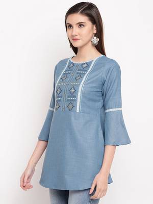 Blue Embroidery With Print  A-line Short kurti 3