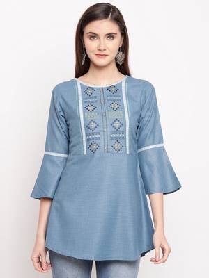 Blue Embroidery With Print  A-line Short kurti 4