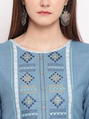 Blue Embroidery With Print  A-line Short kurti 5