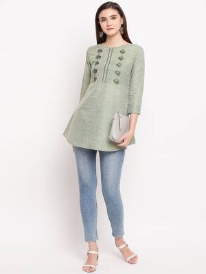 Green Embroidery With Print  A-line Short kurti 1