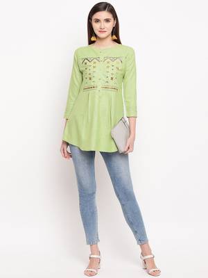 Green Embroidery With Print  A-line Short kurti 1