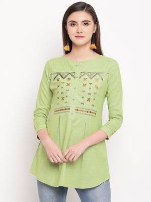 Green Embroidery With Print  A-line Short kurti 4