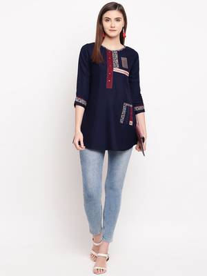 Navy Blue Embroidery With Print  A-line Short kurti 1