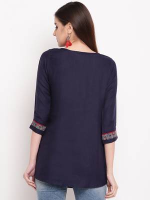 Navy Blue Embroidery With Print  A-line Short kurti 2