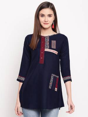 Navy Blue Embroidery With Print  A-line Short kurti 4