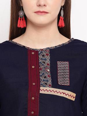 Navy Blue Embroidery With Print  A-line Short kurti 5