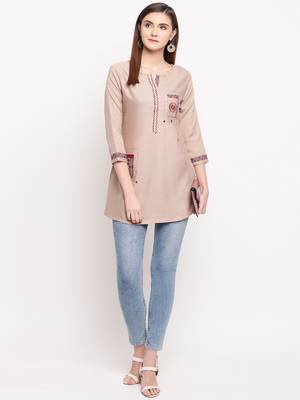 Beige Embroidery With Print  A-line Short kurti 1