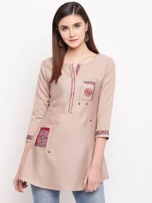 Beige Embroidery With Print  A-line Short kurti 4