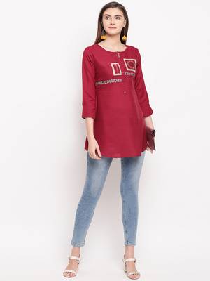 Maroon Embroidery With Print  A-line Short kurti 1