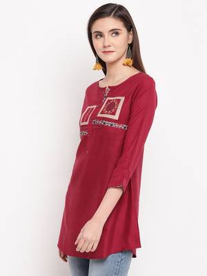 Maroon Embroidery With Print  A-line Short kurti 3
