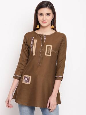 Olive Green Embroidery With Print  A-line Short kurti 4