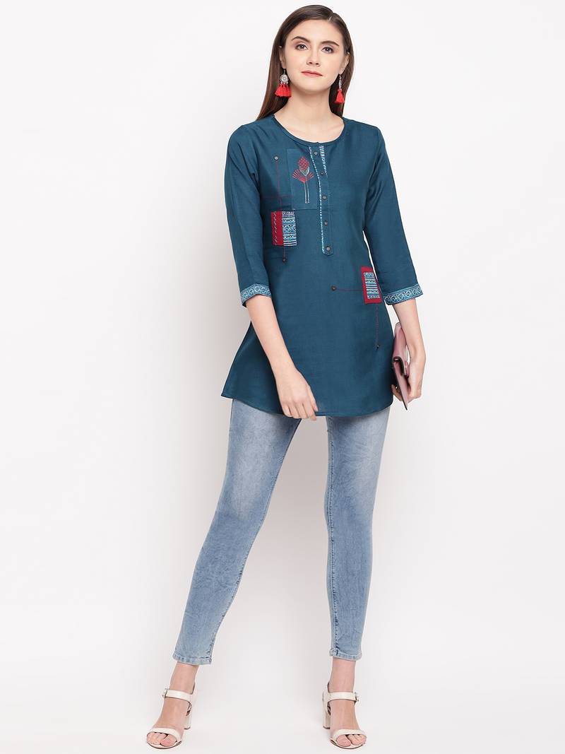 Teal Blue Embroidery With Print A-line Short kurti - kvsfab - 3212073