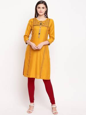 Mustard Embroidery With Print  Staright Kurti 1