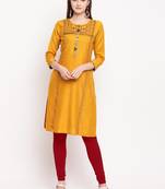 Mustard Embroidery With Print  Staright Kurti