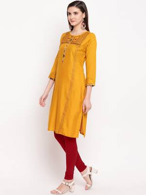 Mustard Embroidery With Print  Staright Kurti 3
