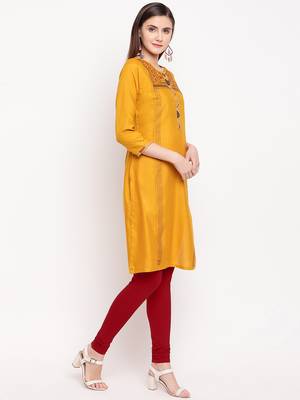 Mustard Embroidery With Print  Staright Kurti 4
